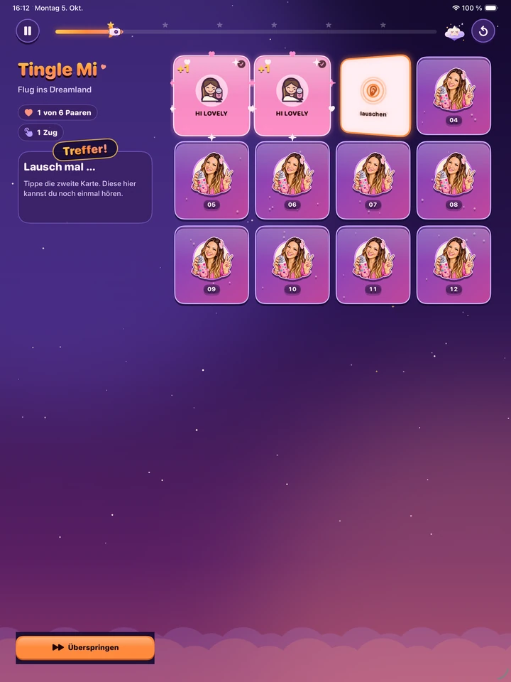 Das Tingle-Mi-Spielfeld auf dem iPad mit einem gefundenen Klangpaar.