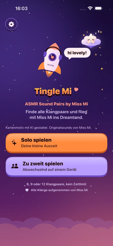 Startseite von Tingle Mi mit der Lovely-Rakete und Solo- und Duo-Modus.