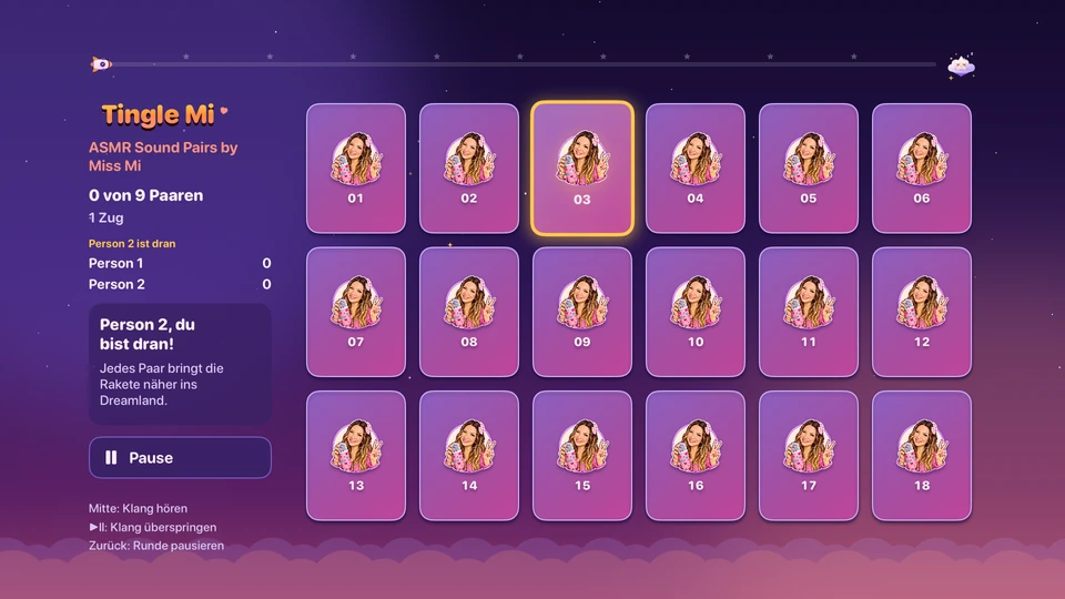 Tingle Mi auf Apple TV: Spiel zu zweit mit 18 Karten und Punktestand.